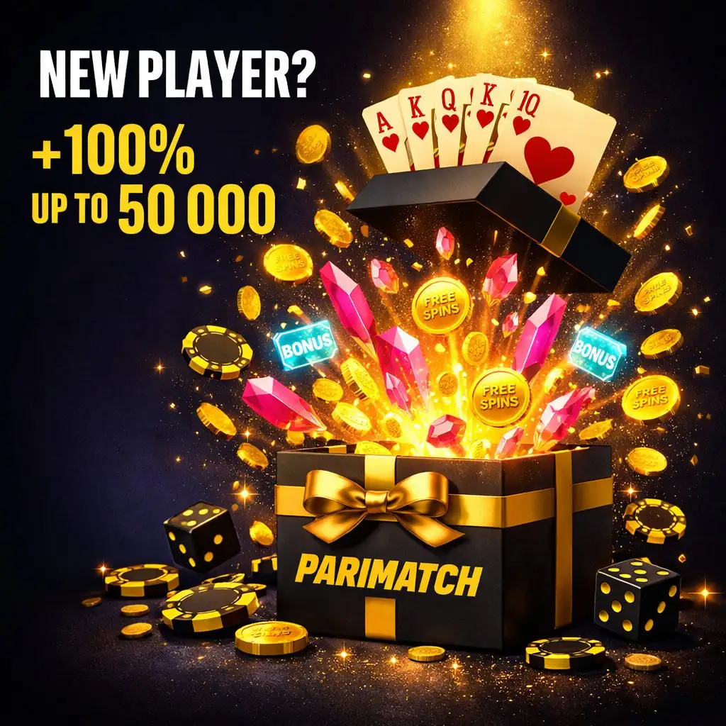Parimatch new player royal flush poker cards golden gift box dark neon