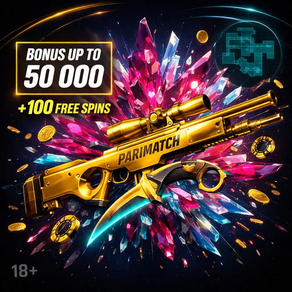 Parimatch welcome bonus golden vault coins dice playing cards dark neon